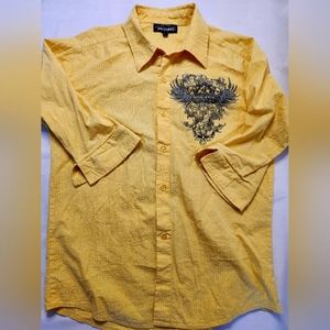 Yellow button down shirt with design size L